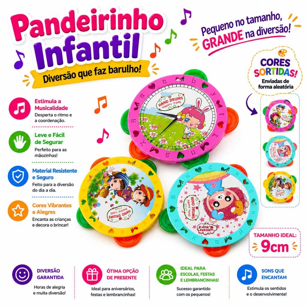 Mine Pandeiro Infantil Divertido Happy Time
