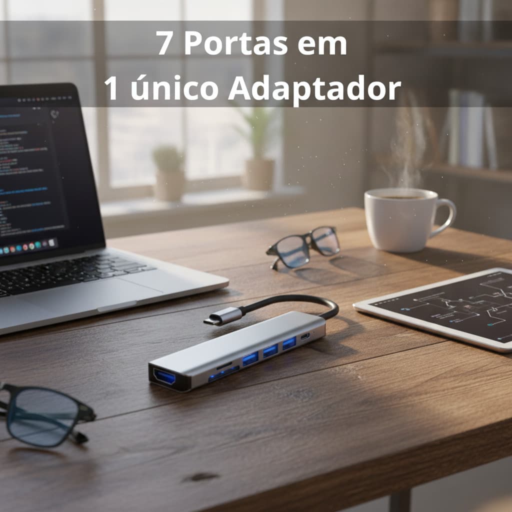 Hub Adaptador USB-C Premium 7 em 1 HDMI 4K USB 3.0 Leitor SD TF P/ Notebook Tablet