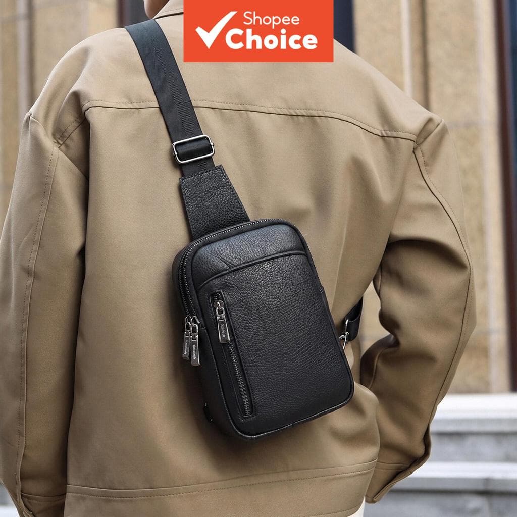 Bolsa tiracolo de couro legítimo masculina, bolsa de peito pequena com vários bolsos com zíper, bolsa de ombro