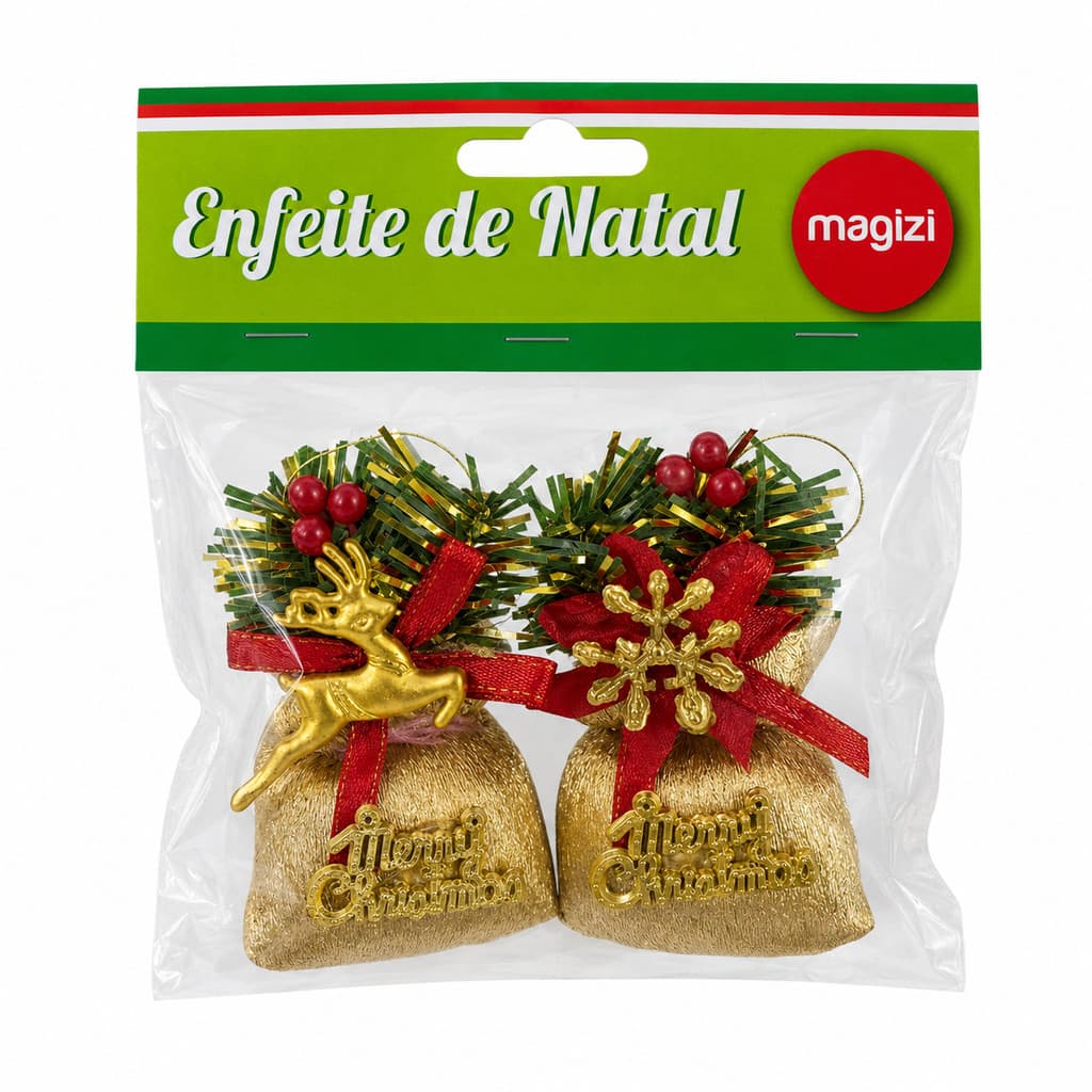 Kit 2 Enfeites Natal Saco Presente Dourado 5,5cm Magizi