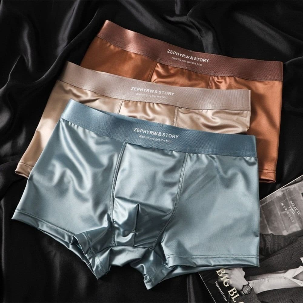 3 pares de cuecas masculinas de seda gelada, cuecas boxer de cetim respirável, cuecas boxer de cor sólida.