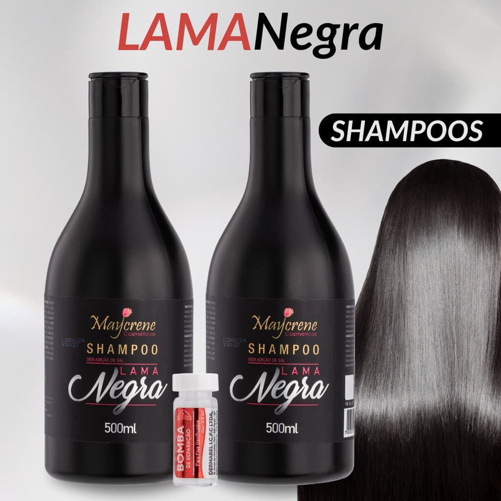 Kit 2 Shampoo Lama Negra Matizador Cabelos Escuros Maycrene 500ml