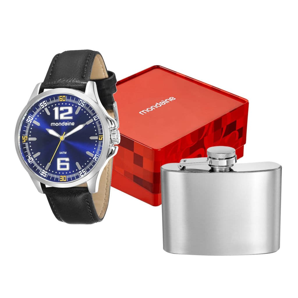 Kit Relógio Masculino Mondaine Preto e Azul com Cantil