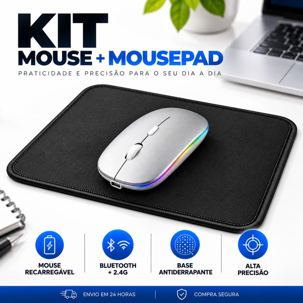 Kit Mouse Sem Fio Bluetooth Recarregável RGB + Mousepad