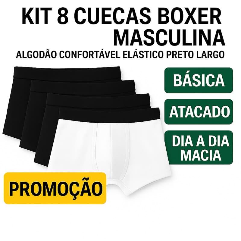Kit 8 Cuecas Boxer Masculina Algodão Confortável Elástico Preto Largo Básica P M G GG Atacado Promoção