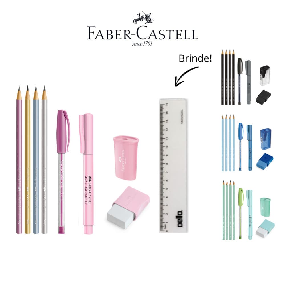 Kit Material Escolar Volta às Aulas Faber Castell Cores Pastel, Neon, Preto ou Vintage