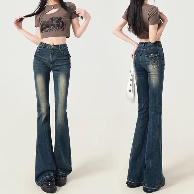 Calça Jeans Feminina Azul Y2k Flare Baggy Harajuku Streetwear Estética Tamanho Grande Vintage 2000s Roupas De Lixo