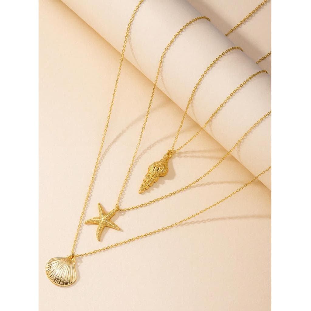 Colar Feminino Dourado Corrente Fina com Pingente Praia, Concha e Estrela do Mar - 1 Peça