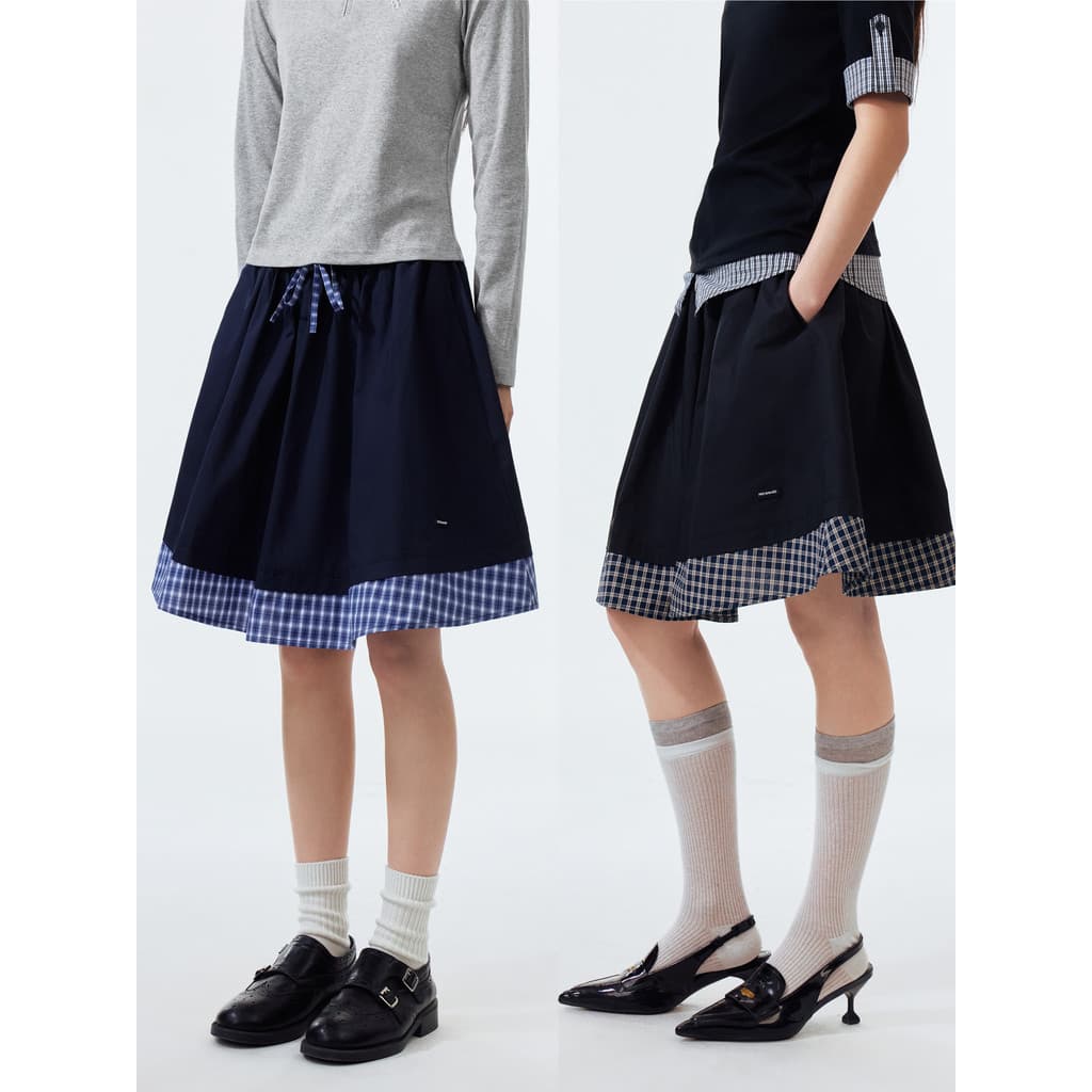 Roupas femininas da marca P PSO [feel legal] Falso costura de duas peças xadrez Floral plissado linha A saia guarda-chuv