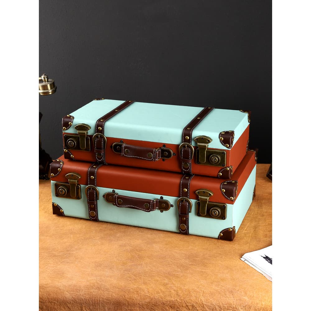 Europeu Retro mala de couro contraste cor caixa de armazenamento antiquado couro bagagem loja roupas decoração ornamento