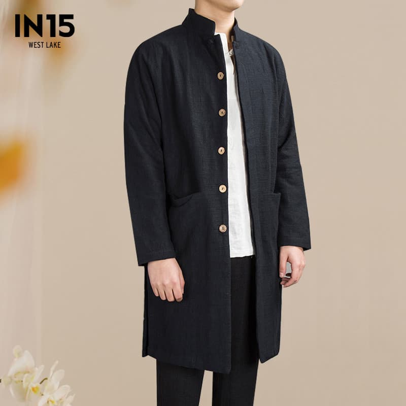 Primavera outono estilo jaqueta de comprimento médio algodão linho estilo chinês blusão masculino Casual tamanho grande