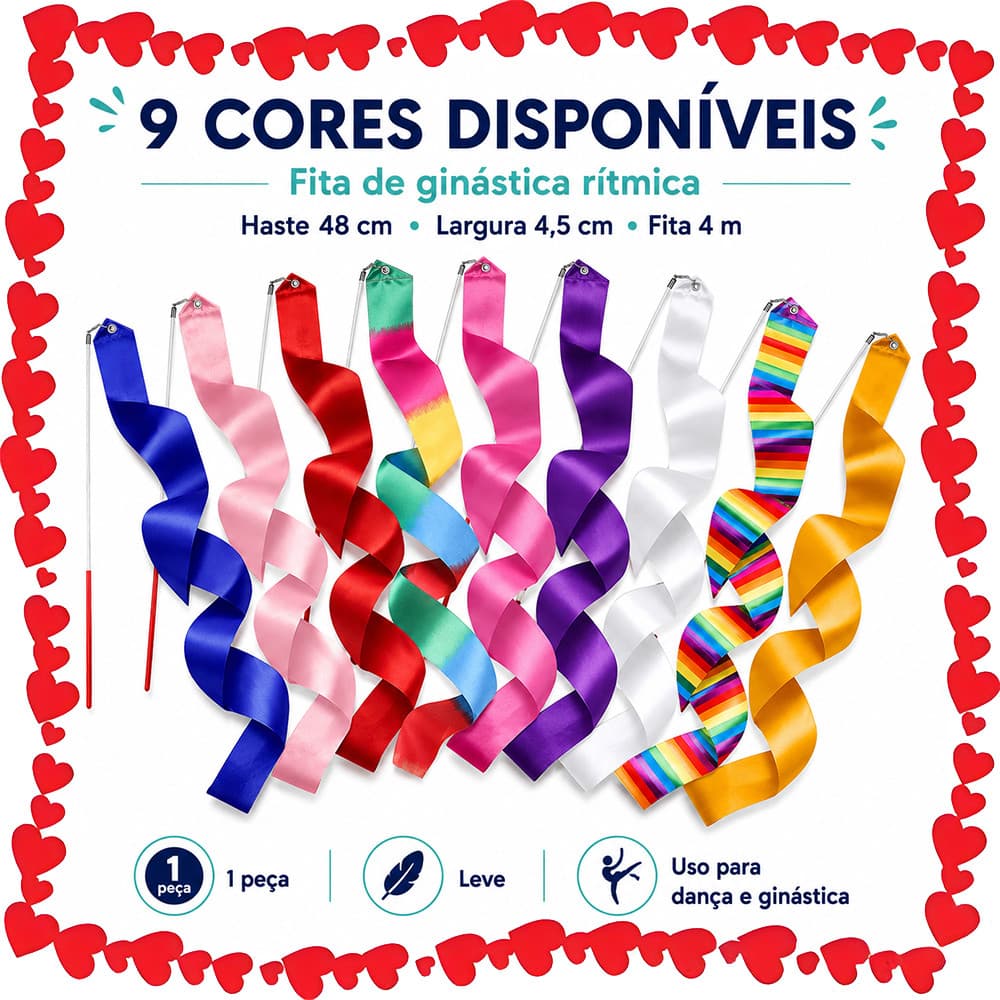 Fita Rítmica para Apresentações 1 Peça, Bastão 48 cm, Largura 4,5 cm, Fita 4 m para Dança, Eventos e Aulas