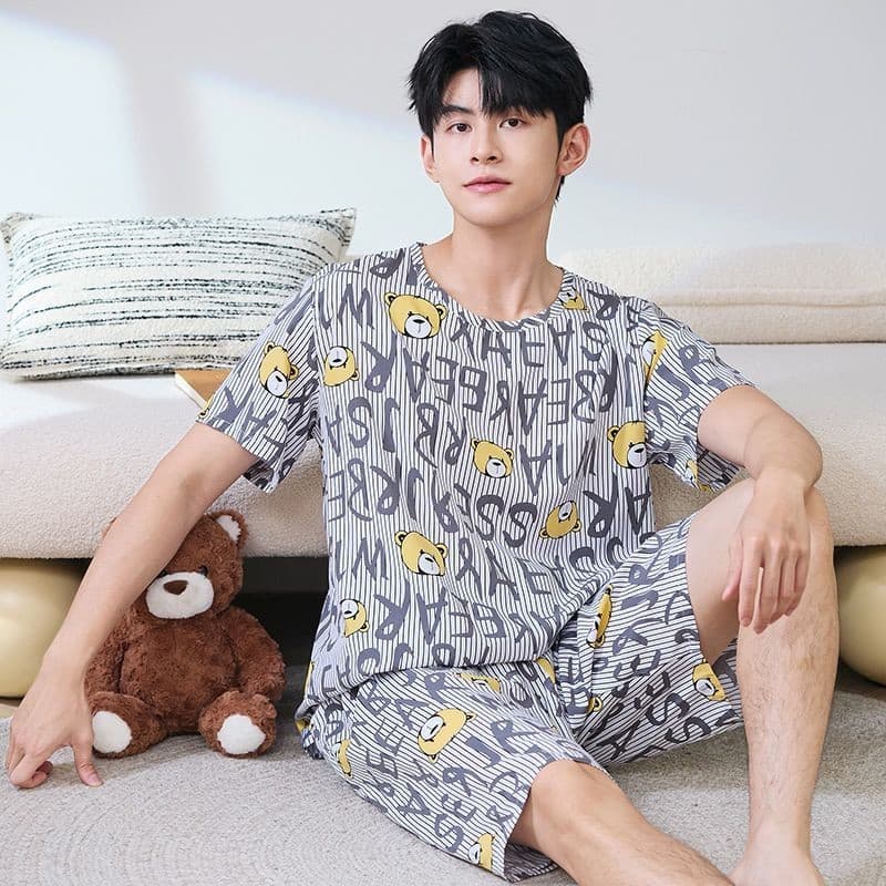 Pijamas masculinos de manga curta algodão seda fina adolescente Shorts algodão seda solta Loungewear terno Artificial