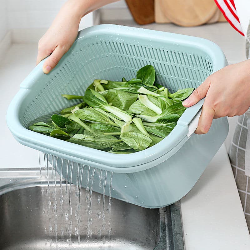 Bacia de lavagem de vegetais de camada dupla cesta de drenagem conjunto de 2 peças bacia de cozinha doméstica plástico r