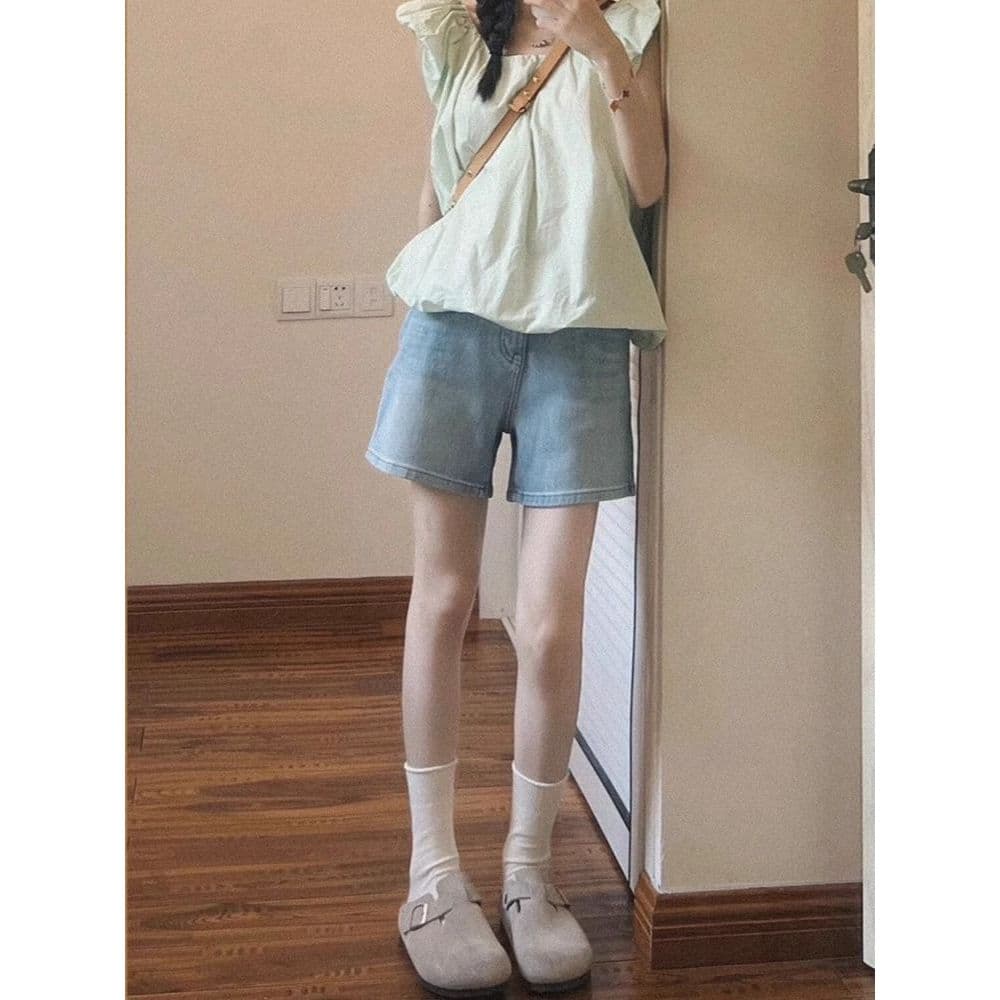 Retro azul americano Denim calças cortadas Shorts feminino 2026 novo estilo verão fino cintura alta em linha reta mais m