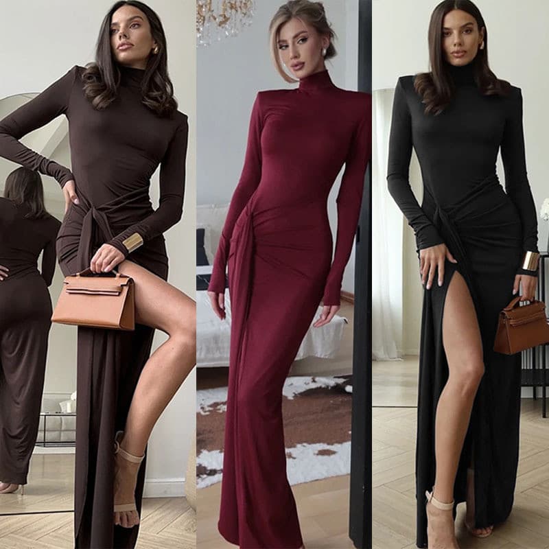 Roupas femininas de comércio exterior transfronteiriço 2026 outono inverno moda gola alta manga comprida amarrada cintur
