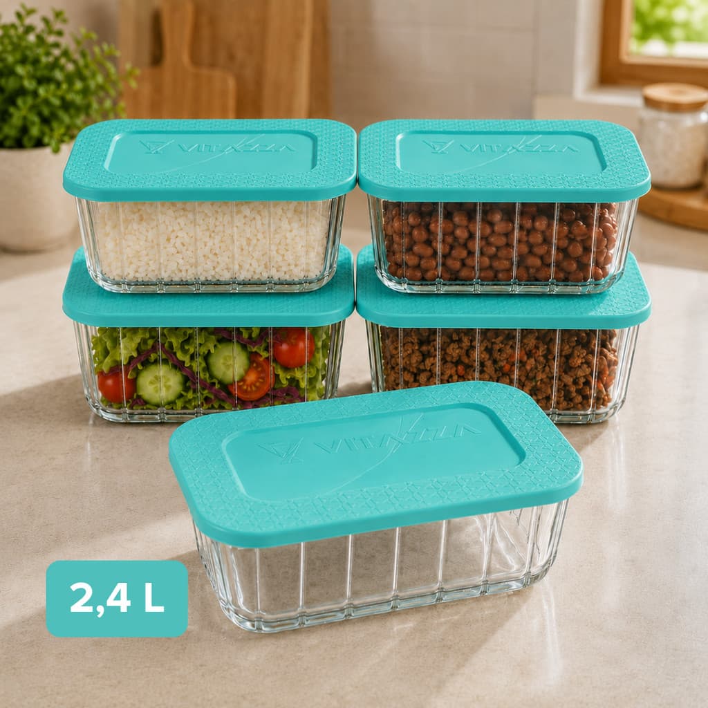 Kit 5 Potes De Vidro Com Tampa 2,4 Litros Tigela De Vidro Marmita Saladeira Vasilha Porta Mantimento
