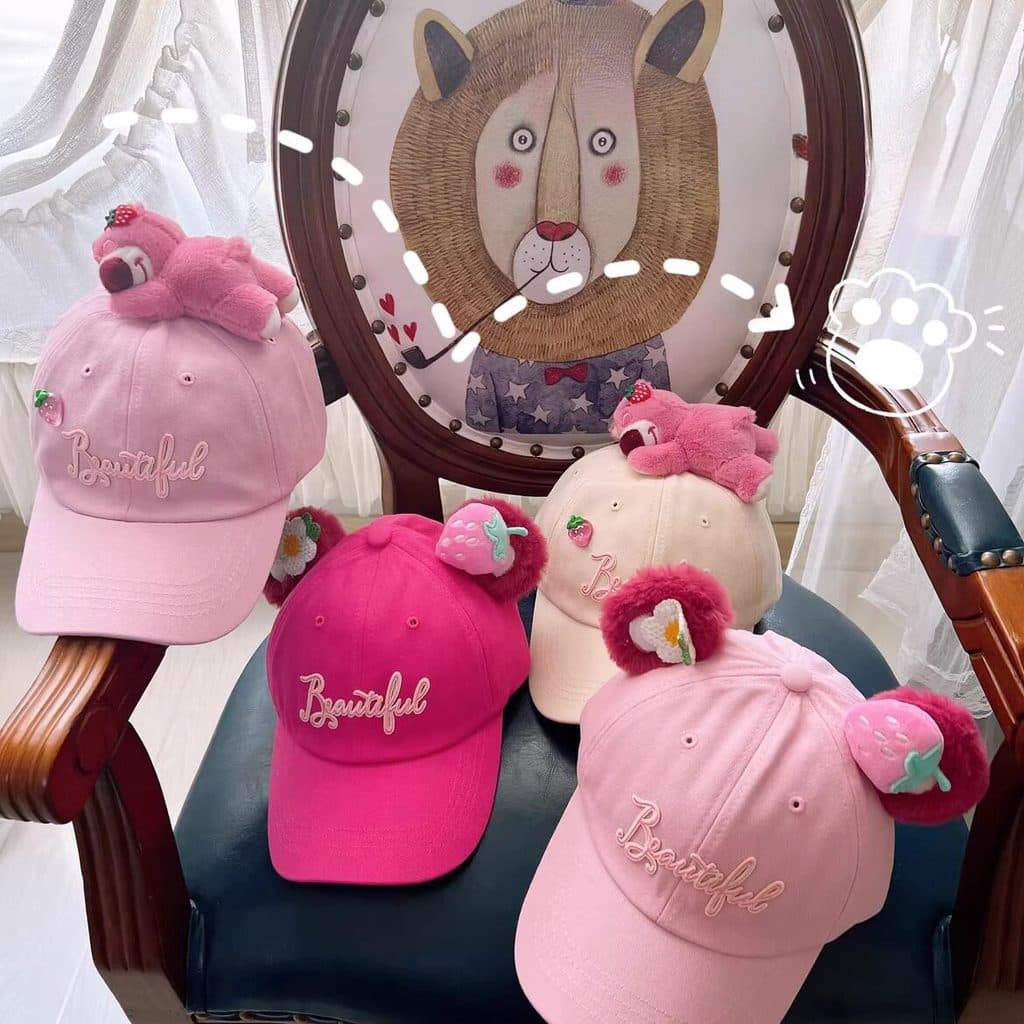 Chapéu rosa tridimensional urso primavera outono novo estilo meninas All-match influenciador boné de beisebol doce bonit