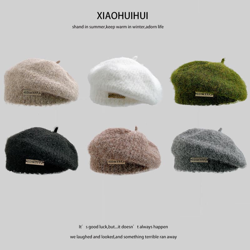 Japonês Mohair etiqueta de Metal boina de malha feminina outono inverno quente All-Match pintor chapéu elegante mais mag