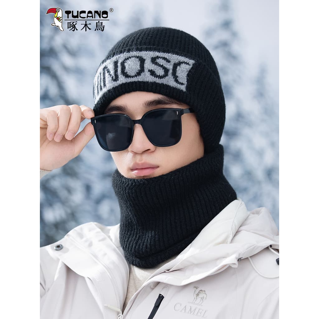 Chapéu masculino inverno quente engrossado lã à prova de frio chapéu de malha conjunto babador mais carta de veludo equi