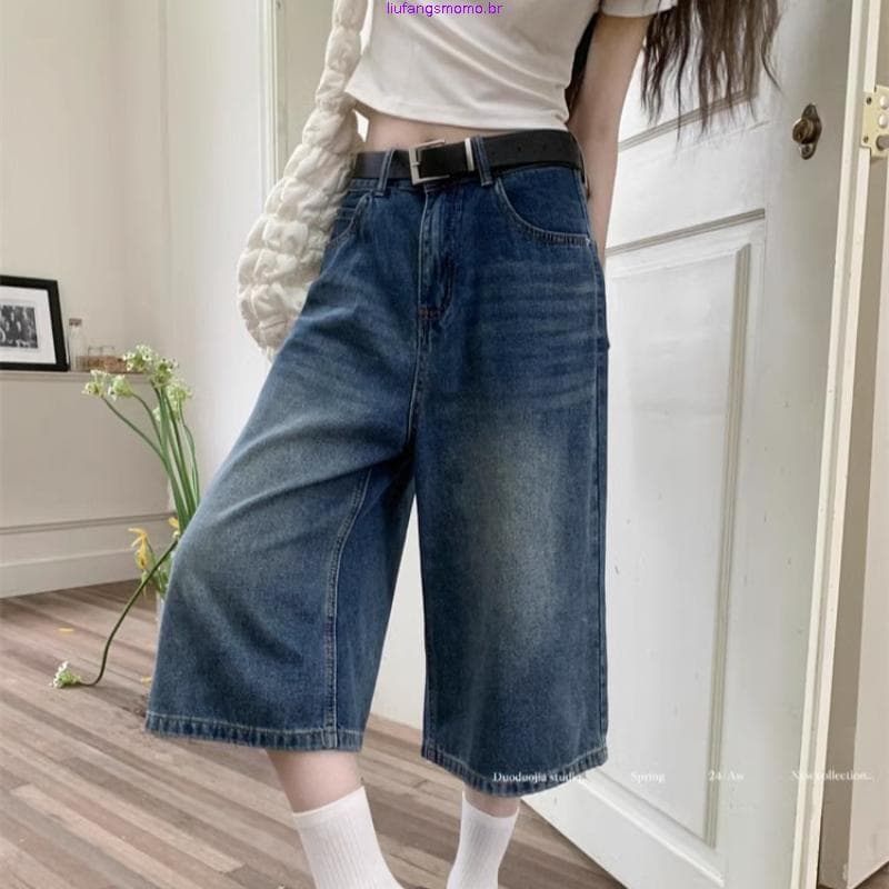 ULOVERAIN Shorts Jeans Folgados Vintage Y2k , Calças Largas Para Mulheres E Homens , Moda Cintura Alta , Lavagem Na Altu