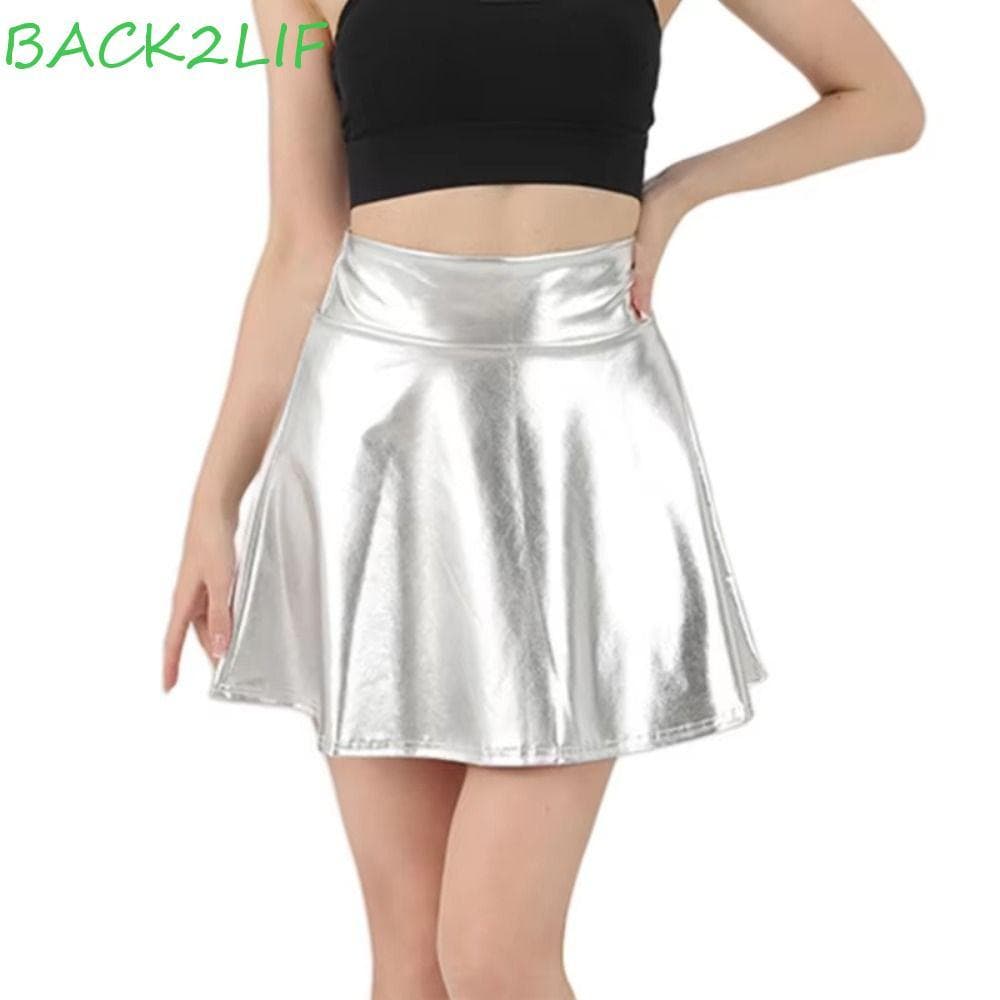 Vestido Curto Brilhante BACK2LIF , Saia Plissada Metálica Retrô Dourada E Prateada Curta Elástica Elegante Evasê