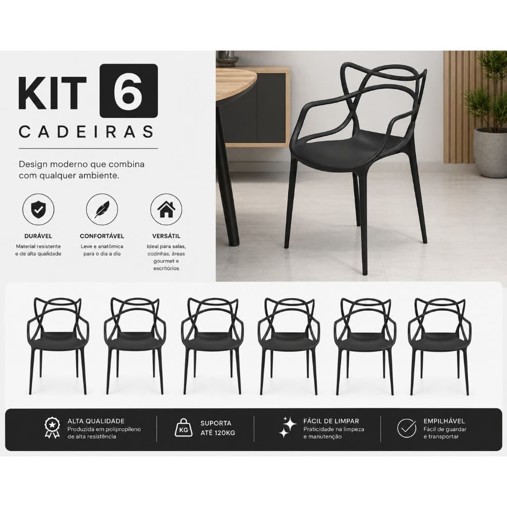 Kit 6 Cadeiras Empilháveis Reforçadas Design Sofisticado Moderno
