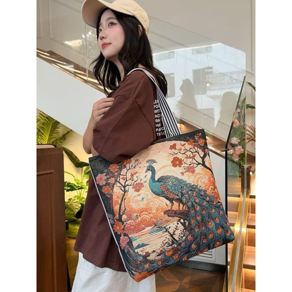 Yuanchuang novo estilo moda feminina bolsa de lona pavão bolsa de ombro grande capacidade estilo étnico estilo chinês gr