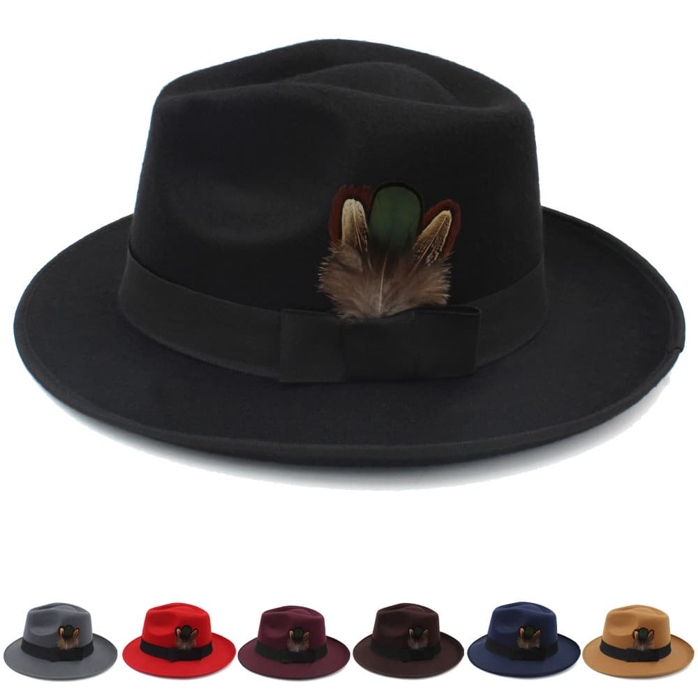 Masculino grande borda chapéu de lã Retro cavalheiro Shanghai praia chapéu feminino panamá chapéu pena decoração Jazz br