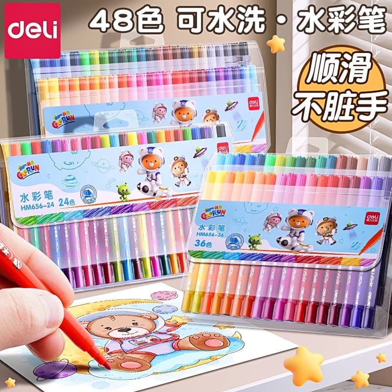 Deli Caneta Aquarela Haste Redonda Infantil Lavável Não Tóxica 12 Cores 24 Cores 36/48 Cores Caneta Aquarela Jardi