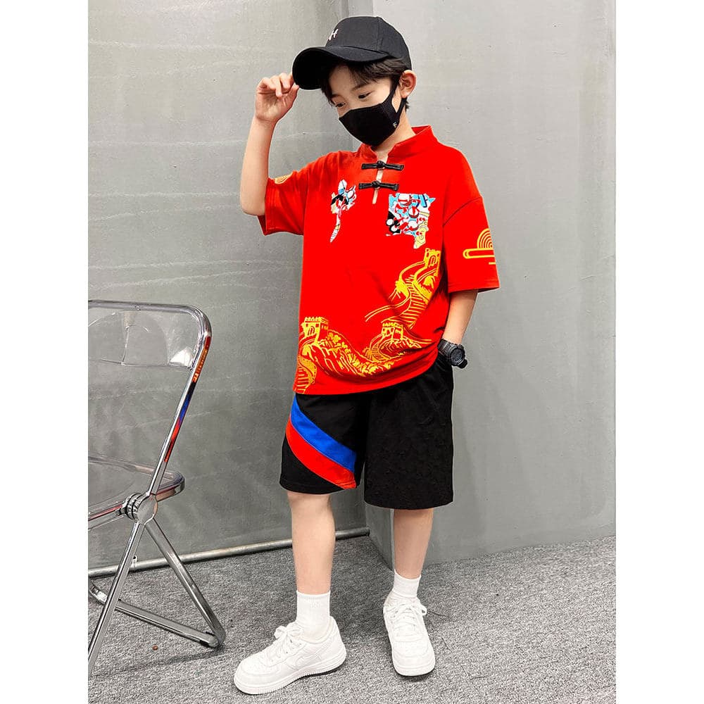 Estilo nacional roupas infantis terno de manga curta verão meninos estudantes do ensino fundamental masculino Tang terno