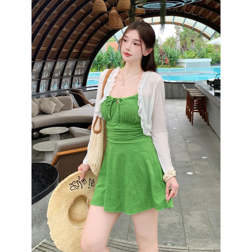 Estilo elegante verde quadrado pescoço saia maiô de uma peça feminino Plus Size terno de duas peças ligeiramente gordo m