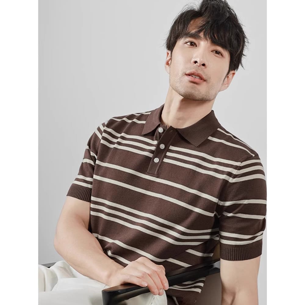 Verão novo estilo masculino negócios listrado malha gelo seda camisa POLO Casual respirável em torno do pescoço de manga