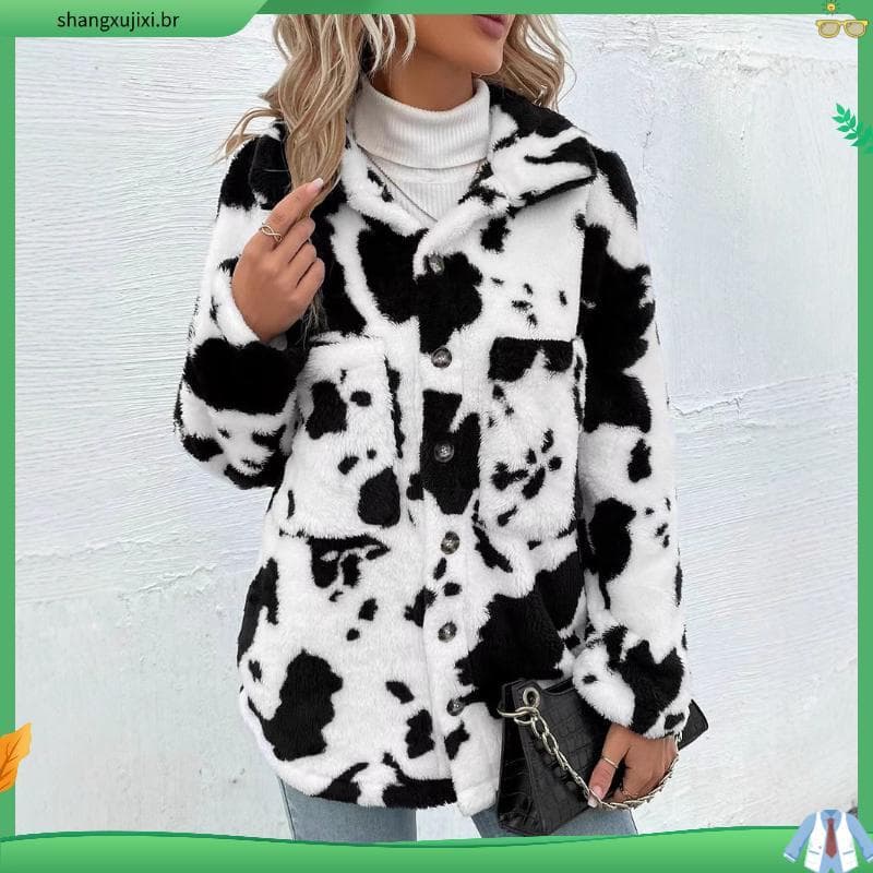 Mulheres E # 39casaco De Pelúcia Outono Inverno Jaqueta Com Bolso Estampado De Vaca Cas ual Casacos Quentes