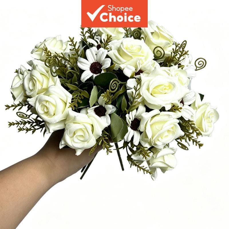 Flores artificiais brancas e rosas 3 unidades, plantas falsas buquê de rosas para decoração de casamento e casa,