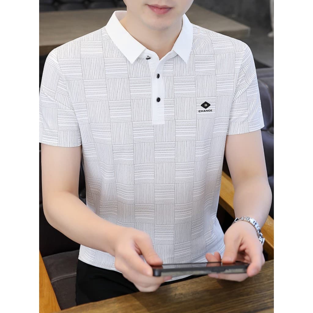 Verão estilo fino gelo seda manga curta camiseta masculina lapela versão coreana Casual legal respirável High-End meia m