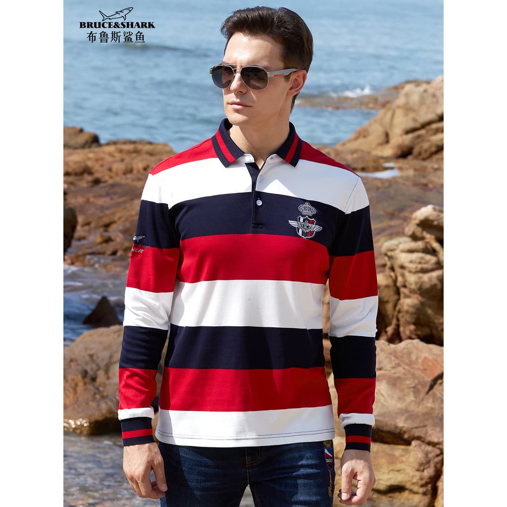Street Wear primavera outono camisa Polo masculina solta camiseta Bruce Shark masculino Plus Size listrado de manga comp