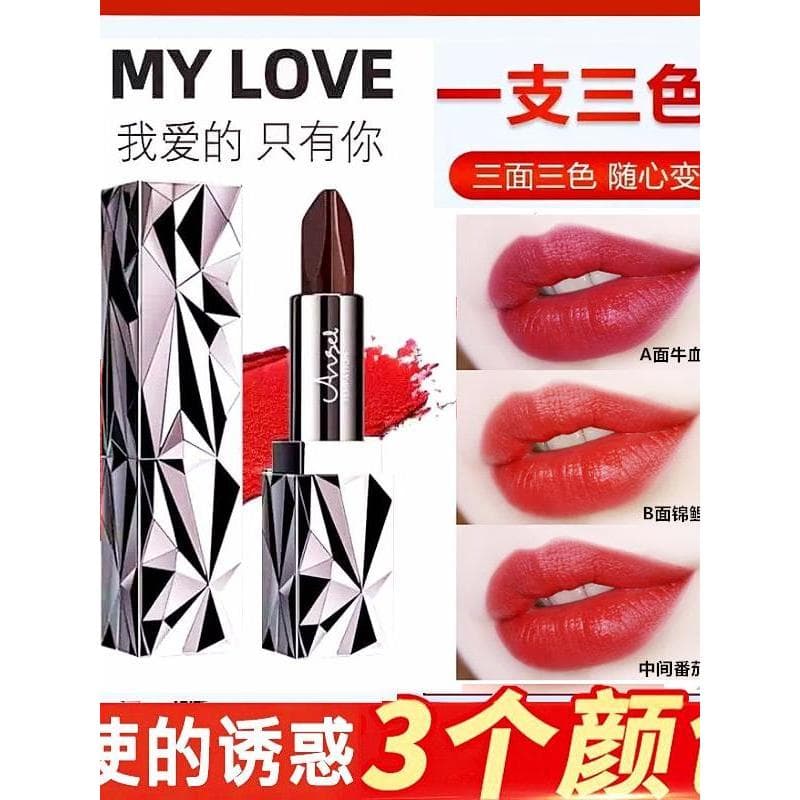 Angel's Temptation Batom de três cores Não é fácil de desbotar Dip Cup Colorismo Hidratante Batom de longa duração Influ