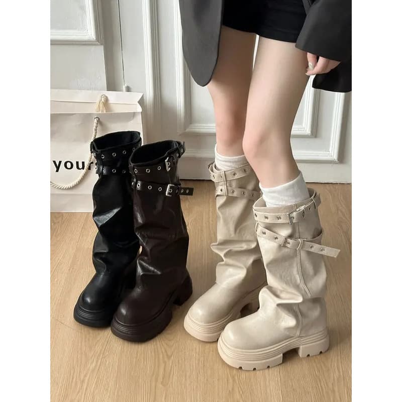 Bota Feminina de Cano Longo Estilo Britânico com Cinto e Punho, Bico Redondo, Impermeável, em Fibra Ultrafina RQ2M