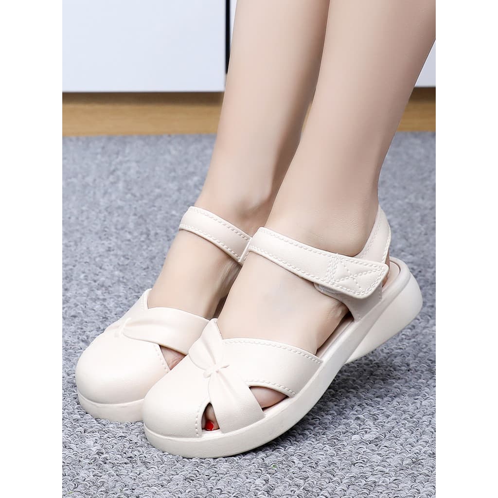 Francês Baotou sandálias femininas verão plana sola macia confortável All-Match Casual Velcro sandálias de borracha cunh