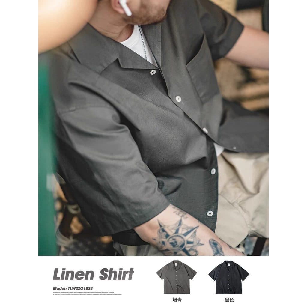 Roupa de trabalho moderna tio Fu japonês Retro barra colarinho solto camisa de manga curta respirável cáqui Casual roupa