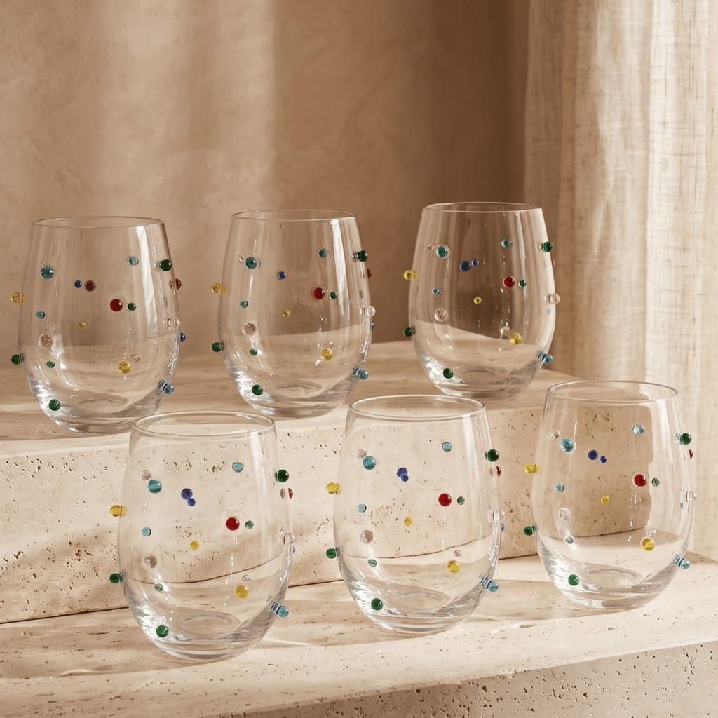 Jogo de 6 Copos de Vidro Baixo Confetti Copo Água Vidro Transparente Esferas Relevo Coloridas 520ML