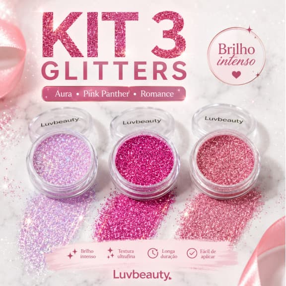 Kit 3 Glitters Luv Beauty Aura Pink Panther Romance Brilho Para Maquiagem Olhos Festa Carnaval Unhas
