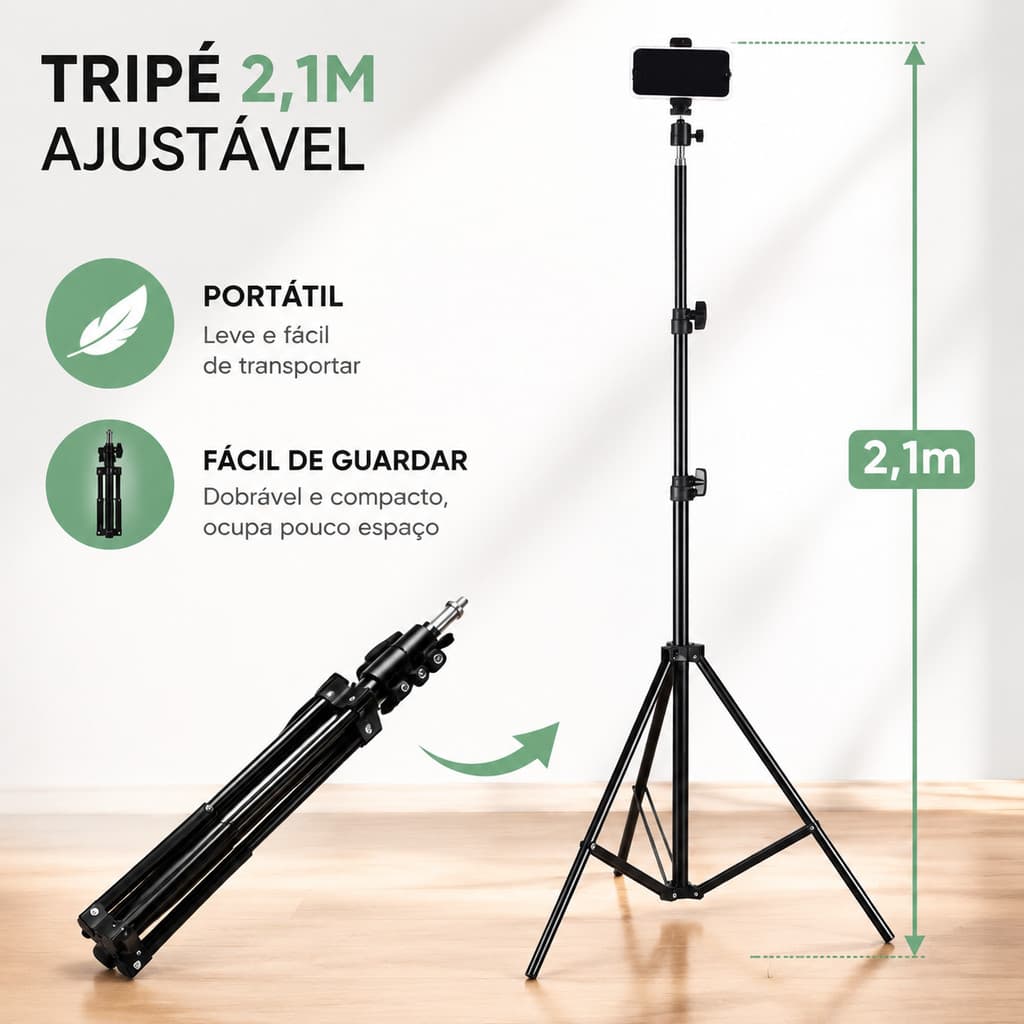 Tripé para transmissão ao vivo com 2,1 m e bastão para selfie.Suporte extensível para celular com estrutura de suporte