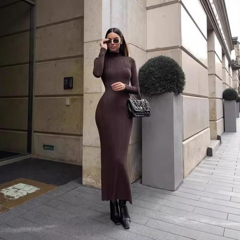 Cross-Border malha gola alta manga comprida saia apertada outono inverno novo estilo saia longa elegante vestido de malh