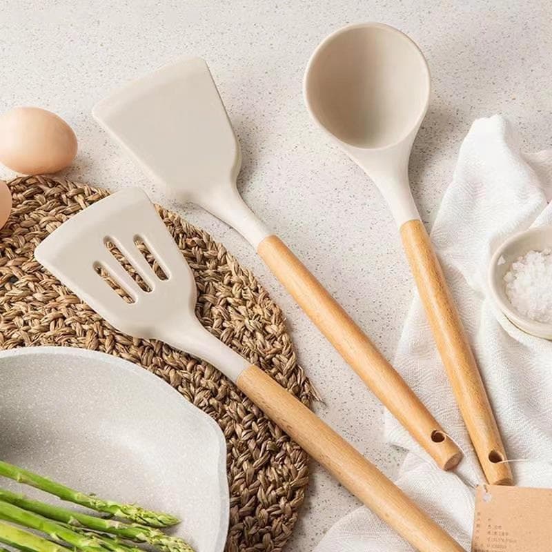 Espátula de silicone com cabo de madeira estilo chinês, espátula de cozinha antiaderente, conjunto de produtos de cozinh