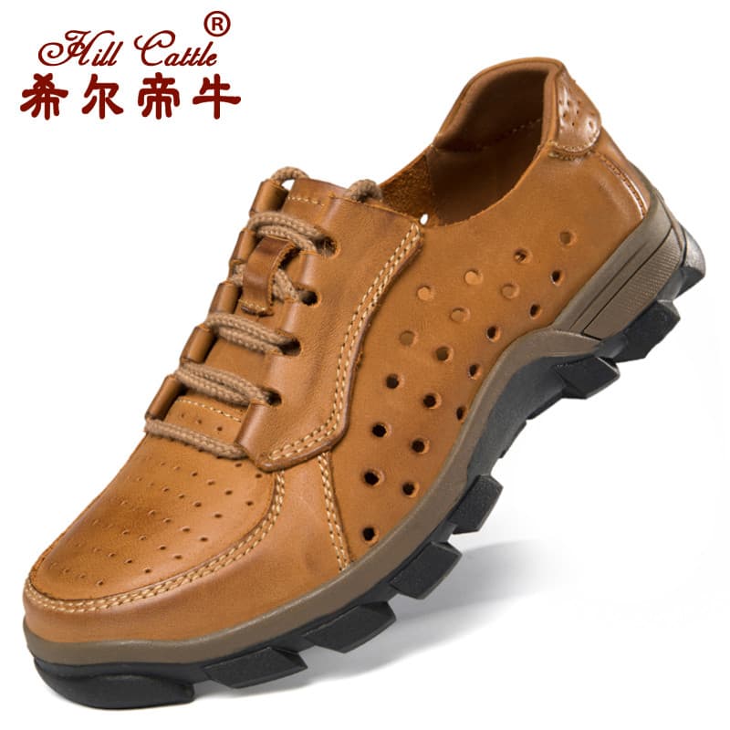 Sandálias masculinas de couro genuíno de verão respirável sapatos de couro casuais oco buraco grande ao ar livre macacão