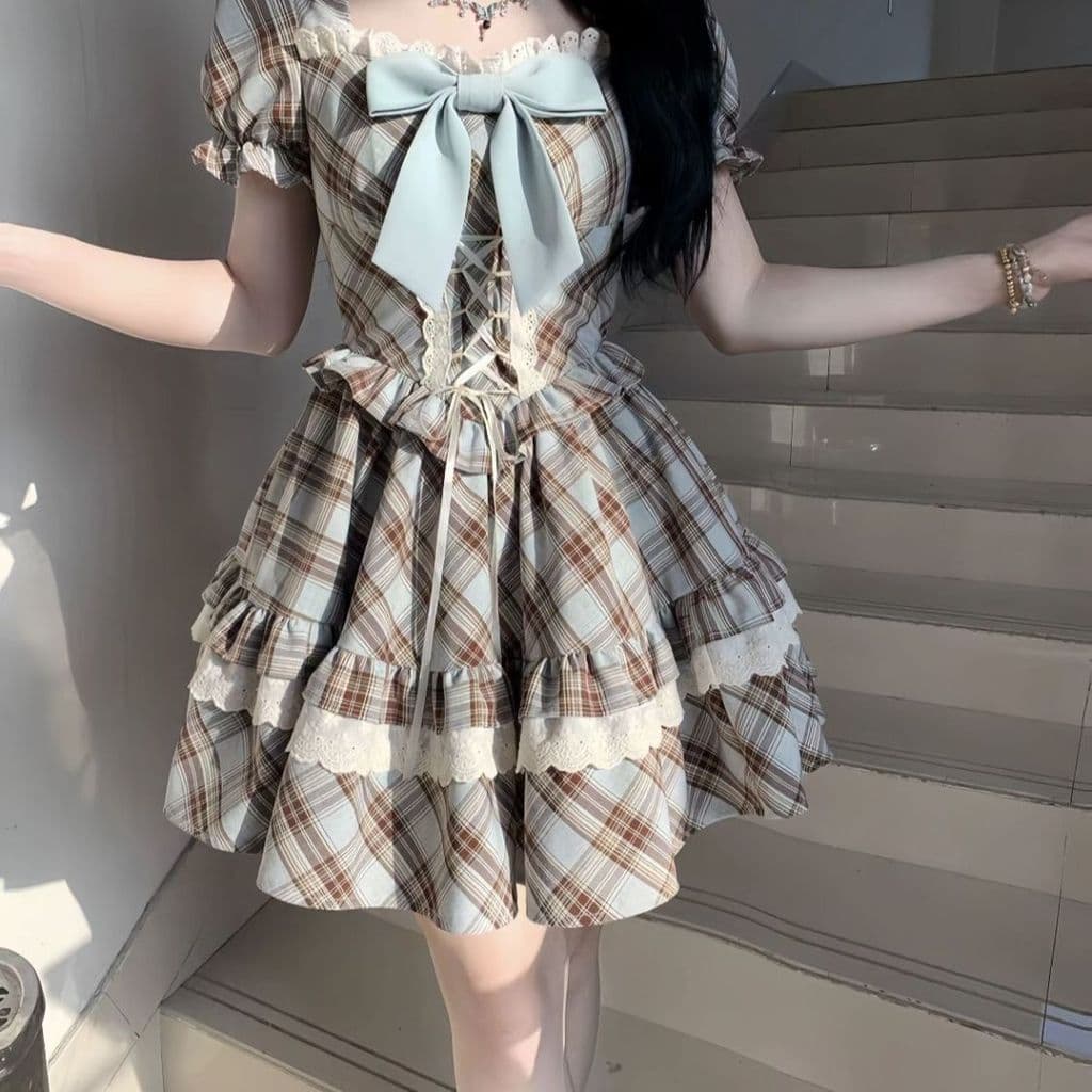 Vestido francês retrô estilo formal, gola quadrada, manga bufante, verão, doce, feminino, laço, xadrez, vestido de princ