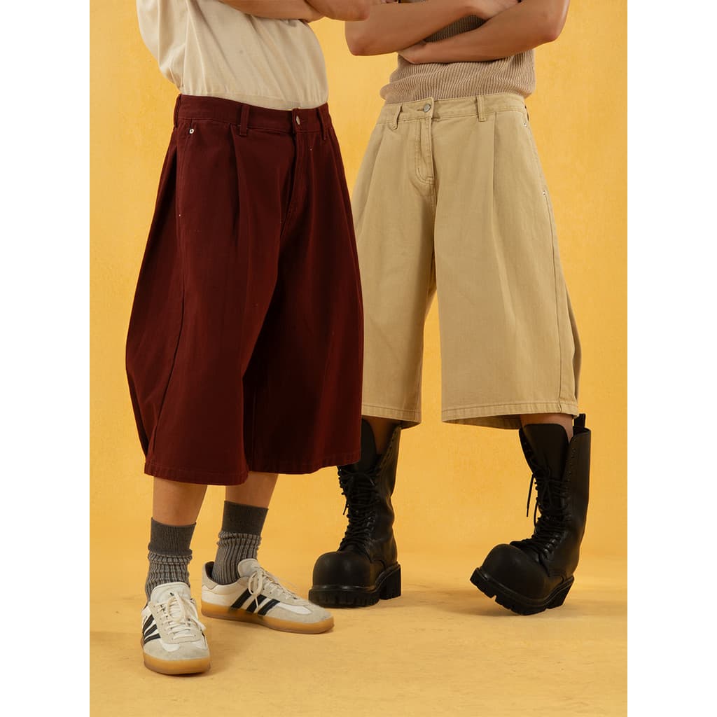 CLP Vermelho Cáqui Cropped Sobre o Joelho Shorts Calças Casuais Masculinas Soltas Perna Larga Reta Machete Calças Mi