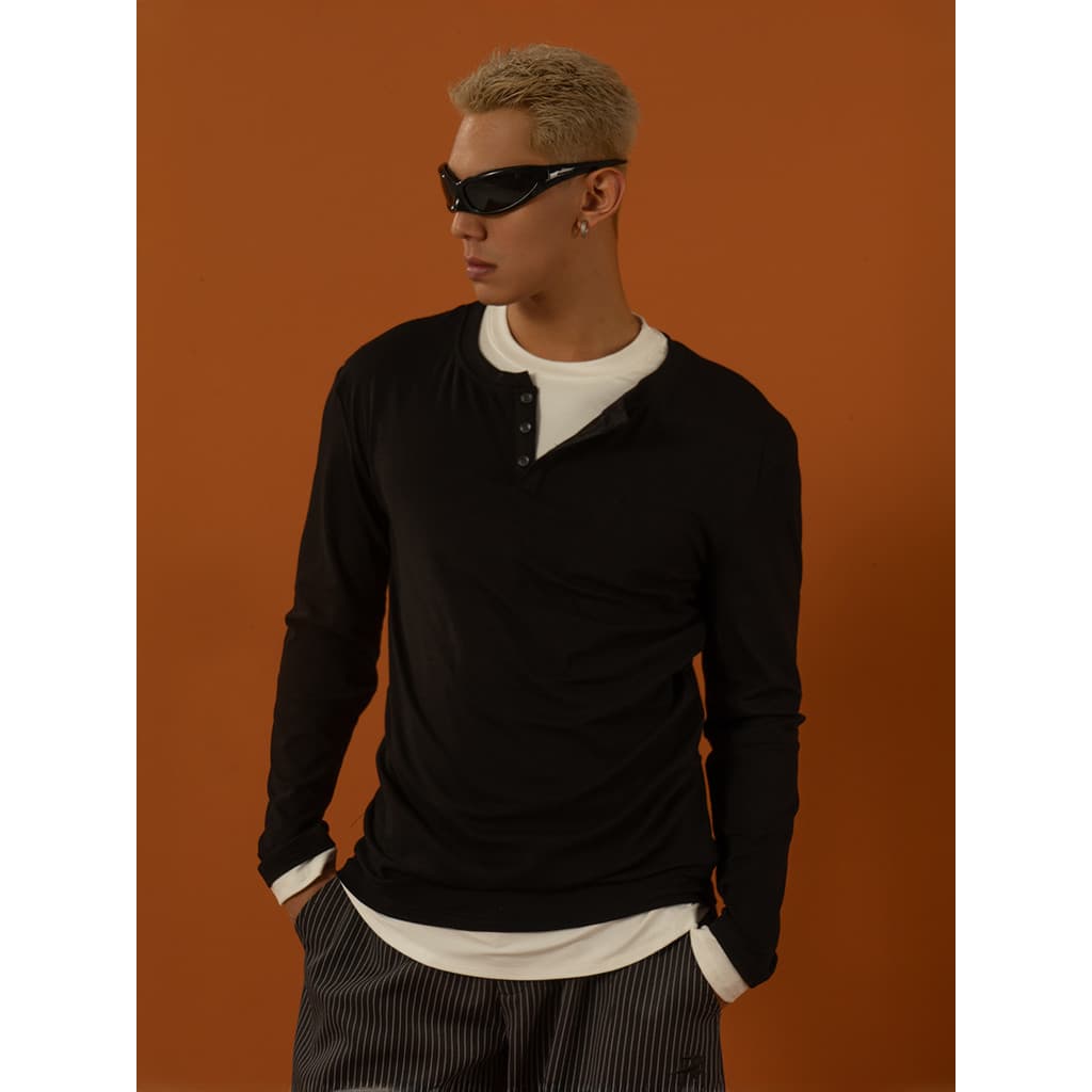 CLP Preto Cinza Falso Duas Peças Em Camadas Henry Collar Camiseta De Manga Comprida Masculina Slim-Fit Bo